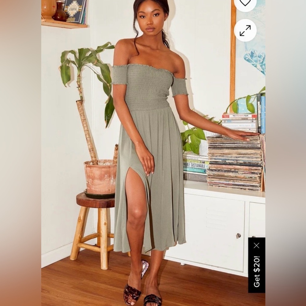 Lulu's Olive Green Strapless Off-Shoulder Midi Dress